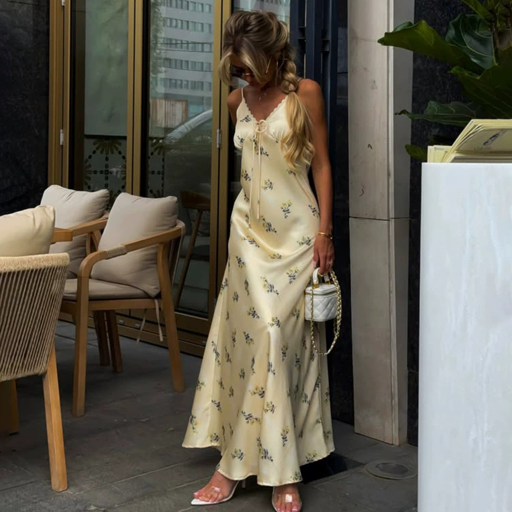ZARA Fengqiu New Arrival Elegant Silky Satin Printed Halter Slim Fit Maxi Dress
